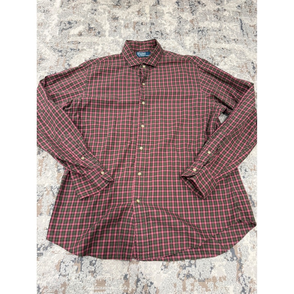 Polo Ralph Lauren Mens Large Plaid Button Down Shirt Pink‎ Olive Green Cotton